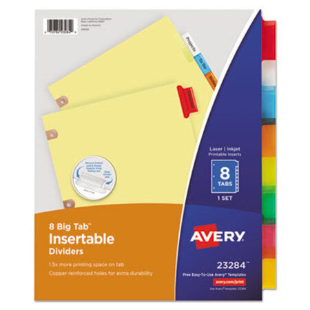 Avery® Insertable Big Tab Dividers, 8-Tab, Double-Sided Gold Edge Reinforcing, 11 x 8.5, Buff, Assorted Tabs, 1 Set - ST/1 - AVE-23284-ST