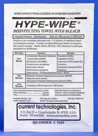 Fisher Scientific HYPE-WIPES® Surface Disinfectant Premoistened Manual Pull Wipe 100 Count Individual Packet Bleach Scent NonSterile - Case of 100 - 1441256-CS