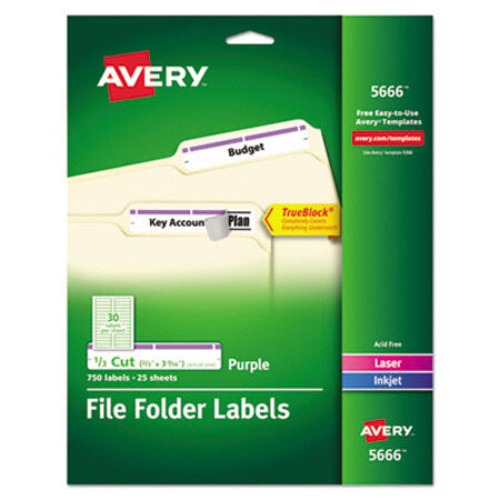 Avery® Permanent TrueBlock File Folder Labels with Sure Feed Technology, 0.66 x 3.44, White, 30/Sheet, 25 Sheets/Pack - Pack of 1 - AVE-5666-PK