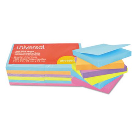 Universal® Self-Stick Note Pads, 3" x 3", Assorted Bright Colors, 100 Sheets/Pad, 12 Pads/Pack - Pack of 1 - UNV-35610-PK