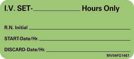Precision Dynamics Pre-Printed Label MedVision® Advisory Label Green Paper IV Set_Hours Only Black Syringe Label 1 X 2-1/4 Inch - Roll of 1 - MV04FG1467-RL