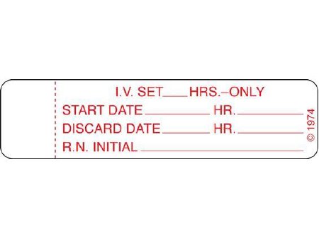 Shamrock Scientific Pre-Printed Label Shamrock Advisory Label White Paper I.V. SET – _____ HRS. – ONLY / START DATE_____ HR._____ / DISCARD DATE_____ HR._____ / R.N. INITIAL__________ Red IV Tube 3/4 X 3 Inch - Roll of 1 - IV-3-RL