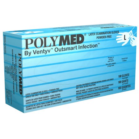 Ventyv Exam Glove Polymed® Large NonSterile Latex Standard Cuff Length Fully Textured Ivory Not Rated - Box of 100 - PM104-BX