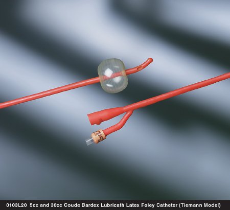 Bard Foley Catheter Bardex® Lubricath® 2-Way Coude Tip 30 cc Balloon 14 Fr. Hydrophilic Polymer Coated Latex - Case of 12 - 0103L14-CS