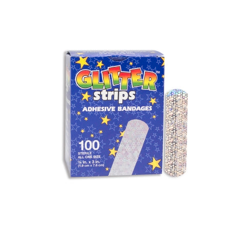 Dukal Adhesive Strip Glitter™ Stat Strip® 3/4 X 3 Inch Plastic Rectangle Kid Design (Glitter Stars and Stripes) Sterile - Box of 100 - GLIAST100-BX