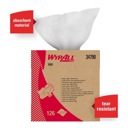 Kimberly Clark Task Wipe WypAll® X60 Light Duty White NonSterile Cellulose / Polypropylene 9-1/10 X 16-4/5 Inch Reusable - Box of 126 - 34790-BX