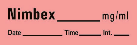 Precision Dynamics Drug Label Barkley® Anesthesia Label Tape Nimbex_mg/mL Date_Time_Int Fluorescent Red 1/2 X 1-1/2 Inch - Roll of 333 - AN-25-RL