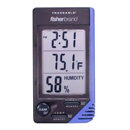 PANTek Technologies LLC Thermometer / Clock / Humidity Monitor Fisherbrand™ Traceable® Fahrenheit / Celsius 32° to 122°F (0° to 50°C) Internal Sensor Flip-out Stand / Wall Mount Battery Operated - Each - 066624-EA