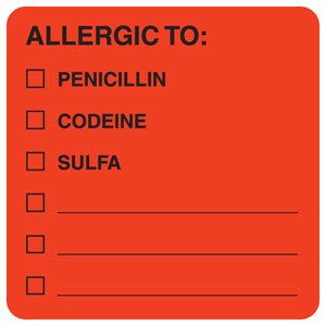 Tabbies Pre-Printed Label Allergy Alert Red Allergic To: / Penicillin / Codeine / Sulfa / _________ / _________/ _________ Black Alert Label 2 X 2 Inch - Roll of 1 - MAP4890-RL