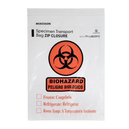 McKesson Specimen Transport Bag with Document Pouch McKesson 9 X 12 Inch Zip Closure Biohazard Symbol / Storage Instructions NonSterile - Case of 10 - 79-LAB20912-CS