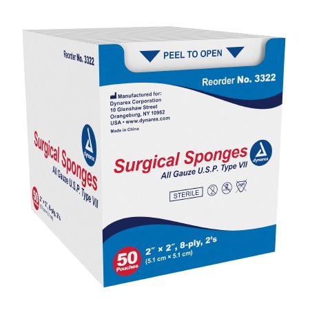 Dynarex Gauze Sponge Dynarex® 2 X 2 Inch 2 per Pack Sterile 8-Ply Square - Case of 30 - 3322-CS