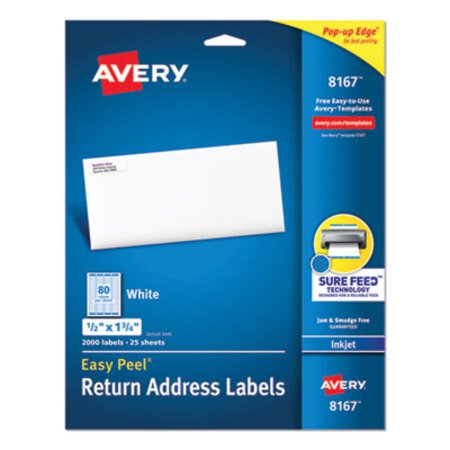 Avery® Easy Peel White Address Labels w/ Sure Feed Technology, Inkjet Printers, 0.5 x 1.75, White, 80/Sheet, 25 Sheets/Pack - Pack of 1 - AVE-8167-PK