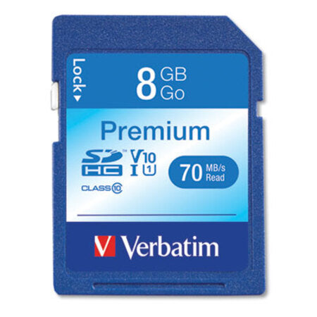 Verbatim® 8GB Premium SDHC Memory Card, UHS-1 V10 U1 Class 10, Up to 70MB/s Read Speed - Each - VER-96318-EA
