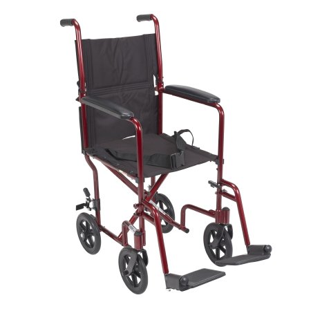 Drive Medical Lightweight Transport Chair Aluminum Frame with Red Finish 300 lbs. Weight Capacity Fixed Height / Padded Arm Black Upholstery - Each - ATC17-RD-EA