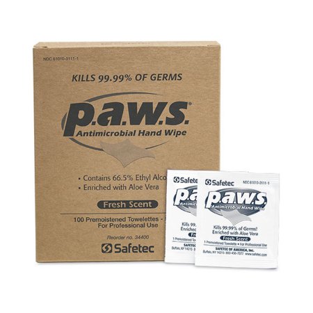 Safetec of America Hand Sanitizing Wipe P.A.W.S.® 100 Count Ethyl Alcohol Wipe Individual Packet - Each - 34400-EA