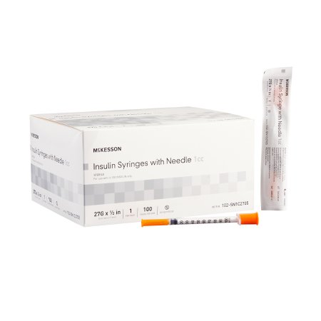 McKesson Standard Insulin Syringe with Needle McKesson 1 mL 1/2 Inch 27 Gauge NonSafety Regular Wall - Box of 100 - 102-SN1C2705-BX