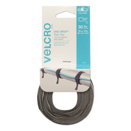 Velcro® Brand ONE-WRAP Pre-Cut Thin Ties, 0.5" x 15", Black/Gray, 30/Pack - Pack of 1 - VEK-94257-PK