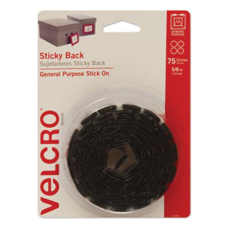 Velcro® Brand Sticky-Back Fasteners, Removable Adhesive, 0.63" dia, Black, 75/Pack - Pack of 1 - VEK-90089-PK