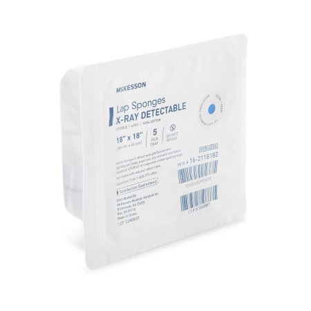 McKesson Surgical Laparotomy Sponge McKesson X-Ray Detectable Cotton 18 X 18 Inch 5 Count Hard Pack Sterile - Case of 100 - 16-2118182-CS