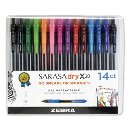 zebra® Sarasa Dry Gel X20 Gel Pen, Retractable, Medium 0.7 mm, Assorted Ink and Barrel Colors, 14/Pack - ST/1 - ZEB-46824-ST