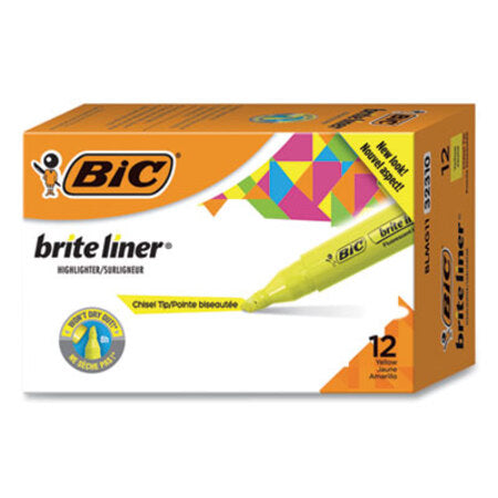 Bic® Brite Liner Tank-Style Highlighter, Fluorescent Yellow Ink, Chisel Tip, Yellow/Black Barrel, Dozen - DZ/1 - BIC-BLMG11YW-DZ