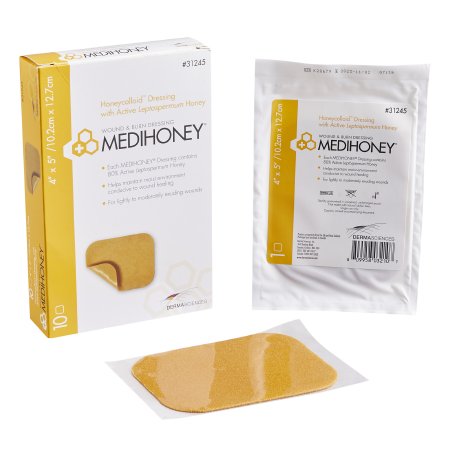 McKesson Honey Hydocolloid Dressing MEDIHONEY® Honeycolloid™ Rectangle 4 X 5 Inch Sterile Without Adhesive - Box of 10 - 31245-BX