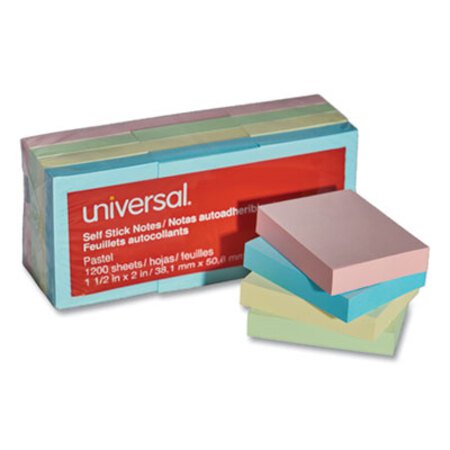 Universal® Self-Stick Note Pads, 1.5" x 2", Assorted Pastel Colors, 100 Sheets/Pad, 12 Pads/Pack - Pack of 1 - UNV-35663-PK