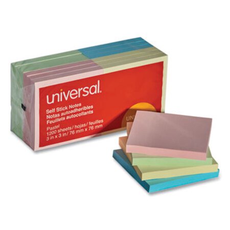 Universal® Self-Stick Note Pads, 3" x 3", Assorted Pastel Colors, 100 Sheets/Pad, 12 Pads/Pack - Pack of 1 - UNV-35669-PK