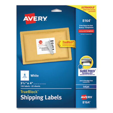 Avery® Shipping Labels w/ TrueBlock Technology, Inkjet Printers, 3.33 x 4, White, 6/Sheet, 25 Sheets/Pack - Pack of 1 - AVE-8164-PK