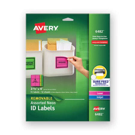 Avery® High-Vis Removable Laser/Inkjet ID Labels w/ Sure Feed, 3.33 x 4, Neon, 72/PK - Pack of 1 - AVE-6482-PK