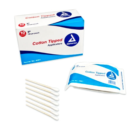 Dynarex Swabstick Dynarex Cotton Tip Wood Shaft 3 Inch NonSterile 100 per Pack - Box of 1000 - 4301-BX