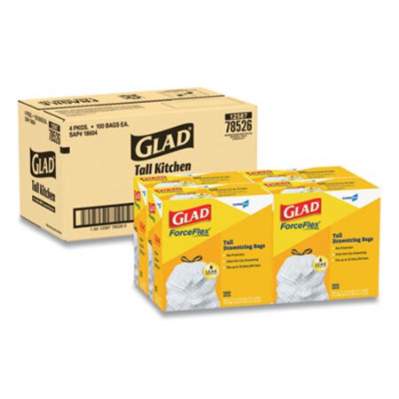 Glad® Tall Kitchen Drawstring Trash Bags, 13 gal, 0.72 mil, 24" x 27.38", Gray, 100 Bags/Box, 4 Boxes/Carton - CT/1 - CLO-78526CT-CT