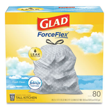 Glad® OdorShield Tall Kitchen Drawstring Bags, 13 gal, 0.72 mil, 24" x 27.38", White, 80/Box - Box of 1 - CLO-78899BX-BX