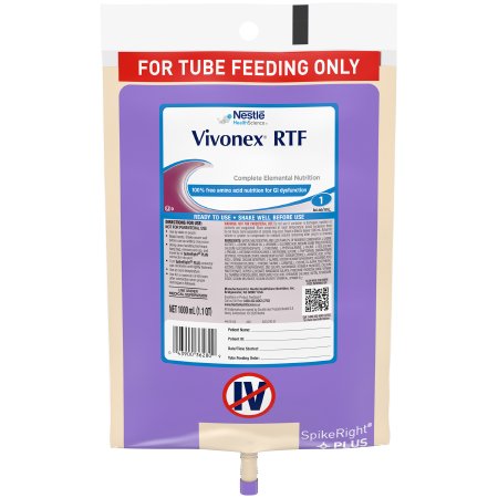 Nestle Healthcare Nutrition Tube Feeding Formula Vivonex® RTF Unflavored Liquid 1000 mL Ready to Hang Prefilled Container - Each - 10043900362806-EA