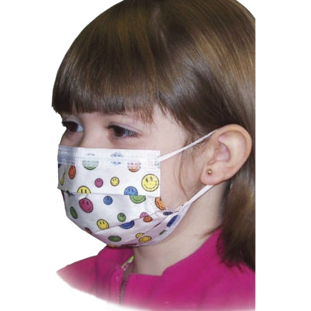 Aspen Surgical Products Procedure Mask Pleated Earloops One Size Fits Most Kid Design (Happy Face Print) NonSterile Not Rated Pediatric - Box of 75 - 15150-BX