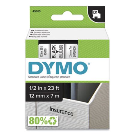 Dymo® D1 High-Performance Polyester Removable Label Tape, 0.5" x 23 ft, Black on Clear - Each - DYM-45010-EA