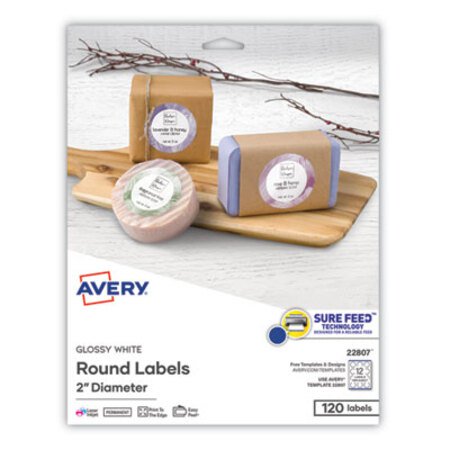 Avery® Round Print-to-the Edge Labels with Sure Feed and Easy Peel, 2" dia, Glossy White, 120/PK - Pack of 1 - AVE-22807-PK