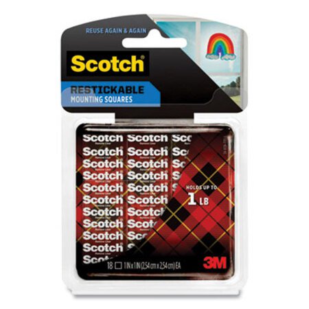 Scotch® Restickable Mounting Tabs, Removable, Repositionable, Holds Up to 1 lb (4 Tabs), 1 x 1, Clear, 18/Pack - Pack of 1 - MMM-R100-PK
