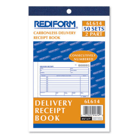 Rediform® Delivery Receipt Book, Three-Part Carbonless, 6.38 x 4.25, 50 Forms Total - Each - RED-6L614-EA