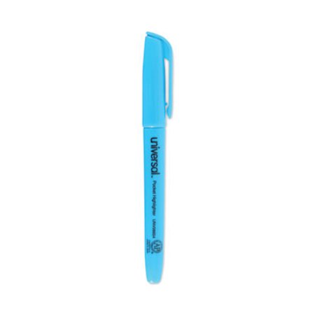 Universal™ Pocket Highlighters, Fluorescent Blue Ink, Chisel Tip, Blue Barrel, Dozen - DZ/1 - UNV-08854-DZ