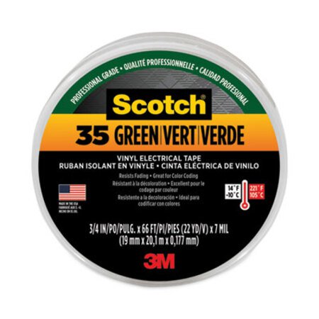 3M™ Scotch 35 Vinyl Electrical Color Coding Tape, 3" Core, 0.75" x 66 ft, Green - Roll of 1 - MMM-10851-RL