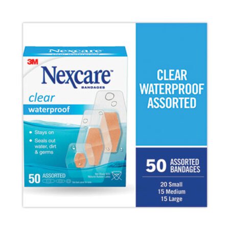 3M Nexcare™ Waterproof, Clear Bandages, Assorted Sizes, 50/Box - Box of 1 - MMM-43250-BX