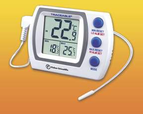 Fisher Scientific Digital Thermometer with Alarm Traceable® Memory Monitoring Plus™ Fahrenheit / Celsius -58° to +158°F (-50° to +70°C) External Probe Door / Wall Mount Battery Operated - Each - 06664269-EA