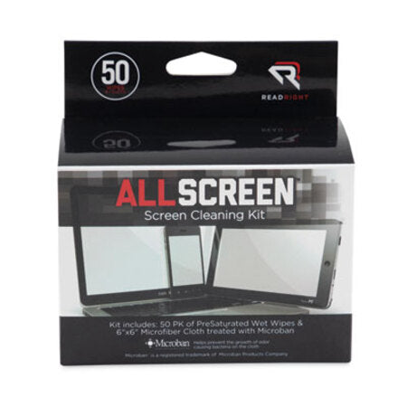 Read Right® AllScreen Screen Cleaning Kit, Individually Wrapped Presaturated Wipes, 1 Microfiber Cloth, 5 x 4, Unscented, White, 50/Box - Each - REA-RR15039-EA