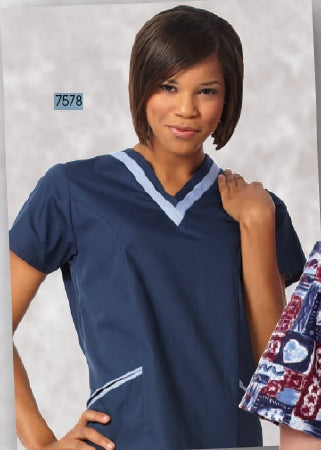 Fashion Seal Uniforms Scrub Shirt X-Small Ceil Blue / Navy 2 Pockets Short Set-In Sleeve Female - Each - 7578-XS-EA