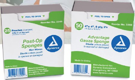 Dynarex Nonwoven Sponge 4 X 4 Inch 2 per Pack Sterile 4-Ply Square - Case of 600 - 3349-CS