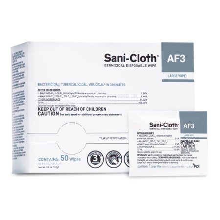 Professional Disposables Sani-Cloth® AF3 Surface Disinfectant Cleaner Premoistened Germicidal Manual Pull Wipe 50 Count Individual Packet Unscented NonSterile - Case of 500 - H59200-CS