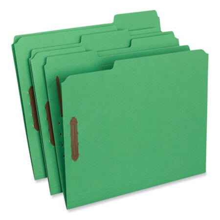 Universal® Deluxe Reinforced Top Tab Fastener Folders, 0.75" Expansion, 2 Fasteners, Letter Size, Green Exterior, 50/Box - Box of 1 - UNV-13522-BX