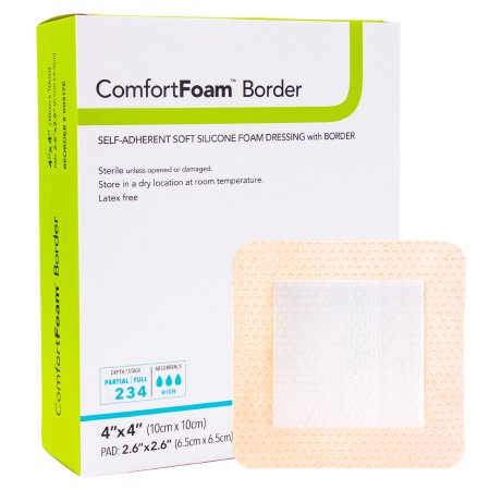 DermaRite Industries Foam Dressing ComfortFoam™ Border 4 X 4 Inch With Border Waterproof Backing Silicone Adhesive Square Sterile - Box of 10 - 00317E-BX