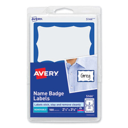 Avery® Printable Adhesive Name Badges, 3.38 x 2.33, Blue Border, 100/Pack - Pack of 1 - AVE-5144-PK